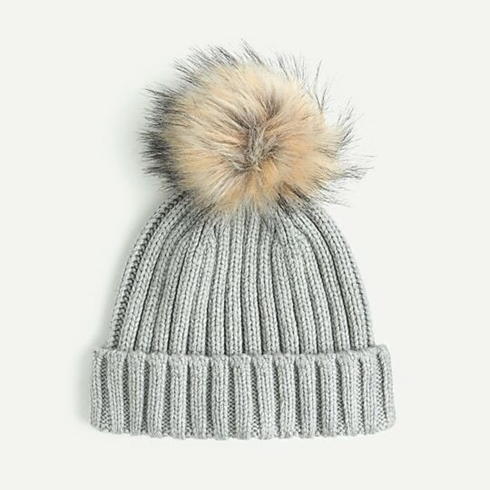 J.Crew Allen Ribbed‎ Yarn Beanie Hat Gray Wool Blend Faux Fur Pom Pom Winter OS